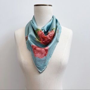 Vintage Blue Pink Rose Square Silk Scarf 23.5”